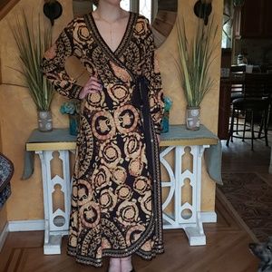 Long Kimono Wrap Dress Black Gold Large
